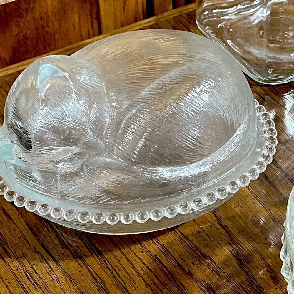 Vintage Glass Covered Dish - Sleeping Cat on a Basket candy dish/trinket holder